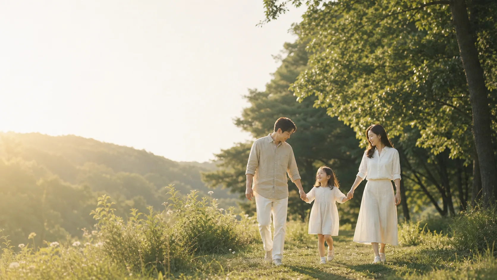 Eine Familie geht bei Sonnenuntergang Hand in Hand über einen Feldweg