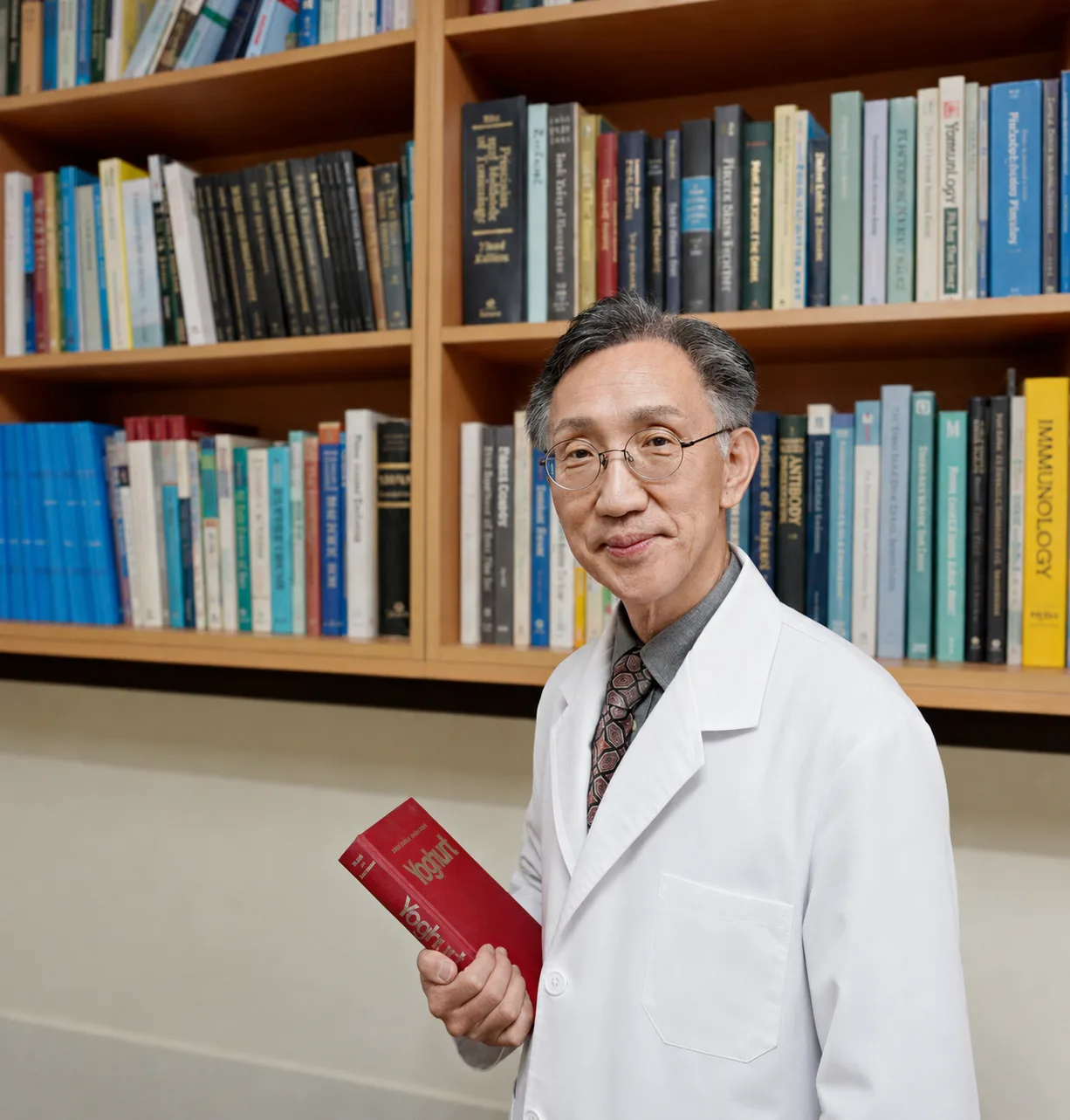 在研究书架前手持酸奶专业书籍的 Vicell 代表 Dr. Young-Chul Joo